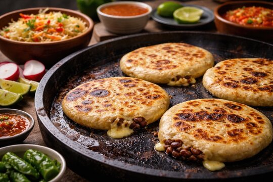 Savory pupusas cooked on a comal accompanied by classic garnishes and fresh toppings