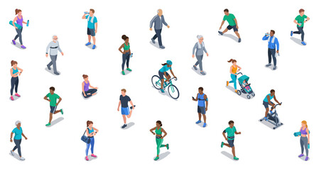 Isometric people exercising and working out   Diverse multiracial citizens training and living a healthy lifestyle   Vector illustration © Stocklume