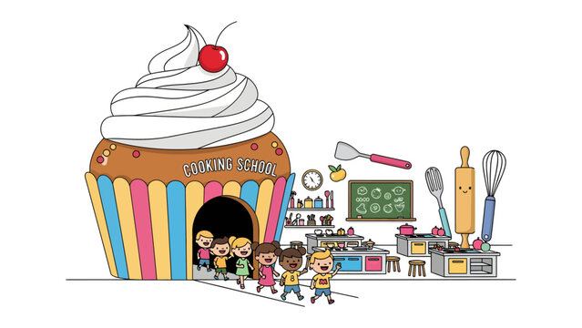 Baking Fun for Kids: A giant cupcake building shaped like a baking school welcomes happy children to a world of culinary adventure, with kitchen tools and supplies scattered around.