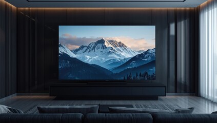 Fototapeta premium UHD OLED Screen Displaying Snowy Mountain Ranges Sophisticated Media Room, Copy Space
