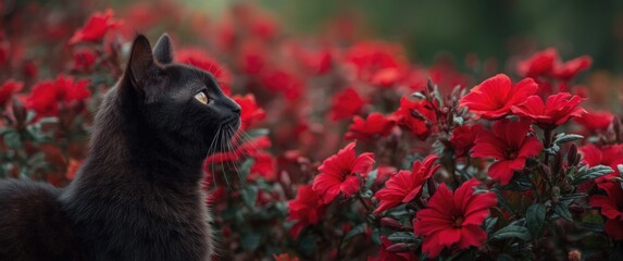 Obraz premium Black Cat Observing Red Flowers Outdoor Garden Scene, Soft Focus, Serene Mood
