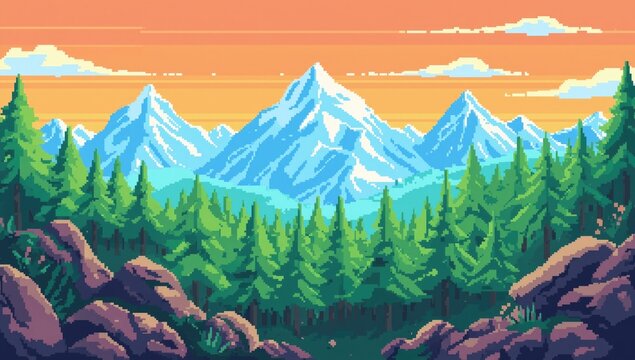 8 bit pixel artwork illustrating a summer mountain landscape fit for arcade game
