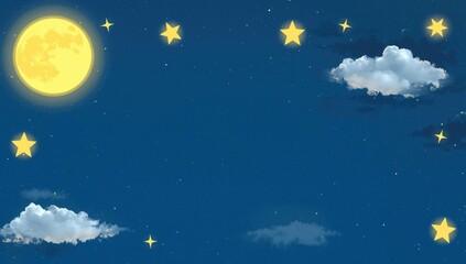 Fototapeta premium Glowing Moon with Puffy Clouds and Shining Stars Whimsical Night Sky Decoration, Bright Colors