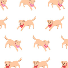 Cute seamless pattern with playful puppy dogs wearing pink bandanas on light background. © Every Creat