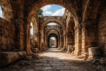 Obraz premium Ancient stone passageway with arches and clear sky overhead