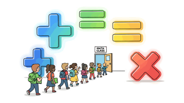 School Math Class Entrance: Children carrying backpacks queue up to enter a classroom for their math lesson, with large mathematical symbols like plus and multiply surrounding the scene.