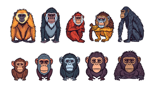 Set of Primate Illustrations: A collection of diverse primates rendered in a pixel art style, showcasing various species of monkeys and apes with unique expressions and postures.