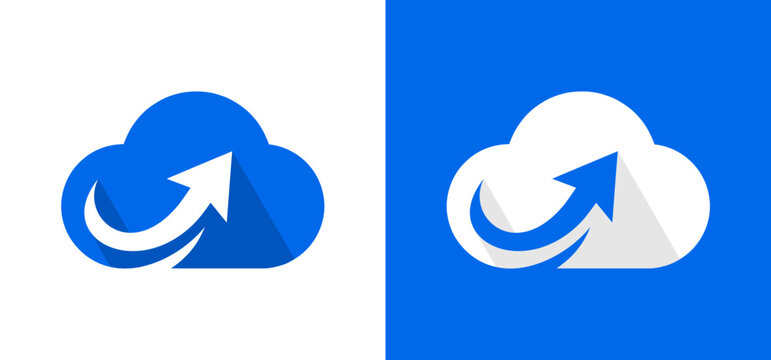 Vector displays a blue and white cloud icon with an upload arrow shape in a digital software interface logo design style. Suitable for technology websites or cloud service companies.