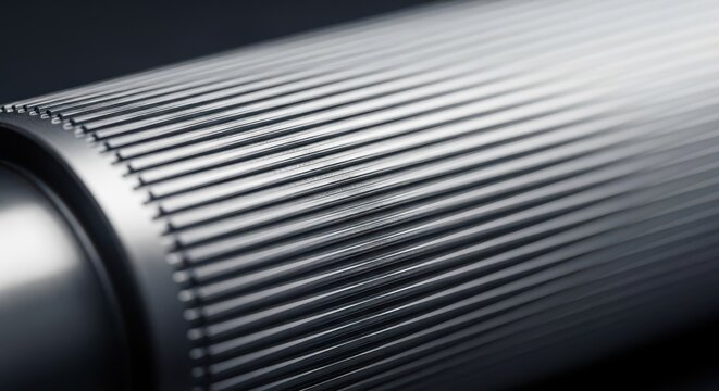 Detailed macro view of a metallic ribbed surface, showcasing industrial texture and linear patterns in close-up focus