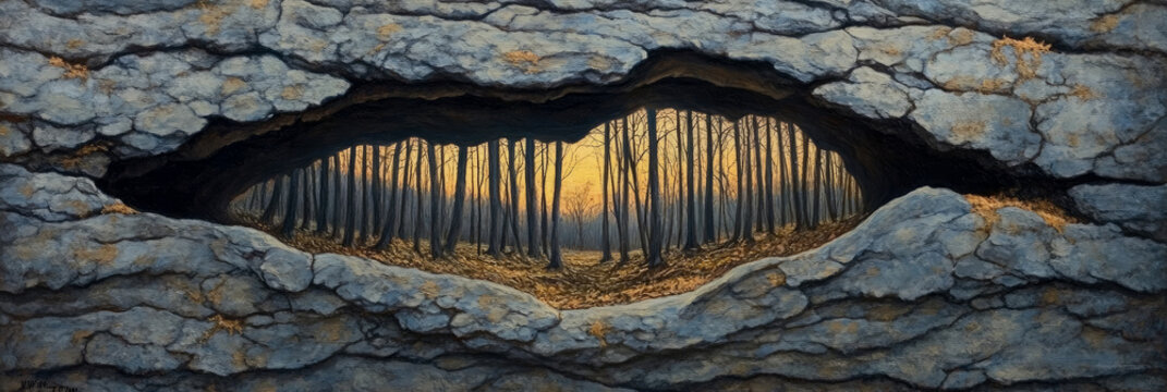 View of silhouetted forest at sunset framed by natural eye-shaped opening in textured tree bark, creating surreal and atmospheric landscape.