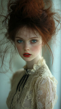 Ethereal portrait of beautiful redhead woman with wild, messy hair wearing vintage lace blouse and looking directly into camera with piercing blue eyes.