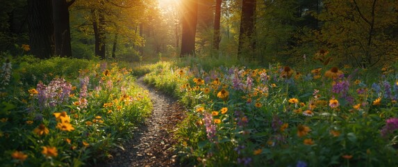 Obraz premium Bright floral trail in a tranquil forest under warm sunlight capturing nature's vivid beauty