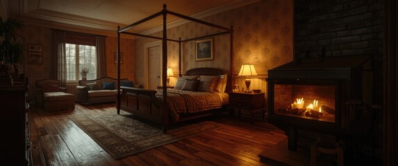Naklejka premium Bedroom with a warm atmosphere, hardwood flooring, inviting bed frame, sofa corner, and fireplace glow