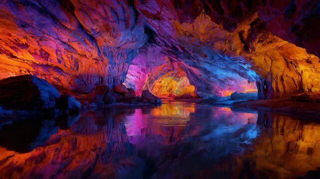 Colorful lights in underground cave with water reflection