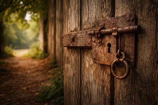 Timeworn wooden door with a rusty heritage lock in a sentimental backdrop featuring spacious copy space