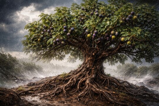 Fig tree with abundant fruit and robust roots resisting a violent tempest