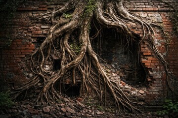 Obraz premium Three dimensional illustration of a broken brick facade with tree roots emerging