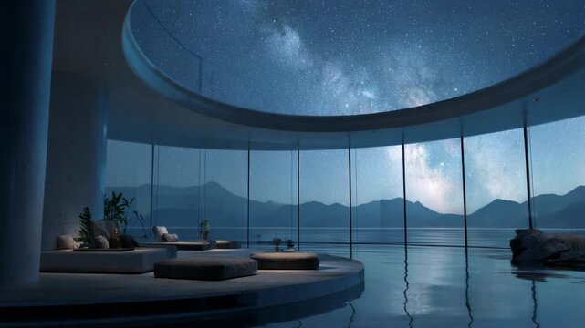 Futuristic lounge overlooking mountains under starry night sky