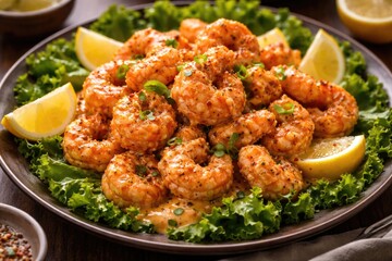 Obraz premium Savory Bang Bang Shrimp Appetizer with Smooth Sauce on Leafy Lettuce and Lemon
