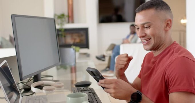 Man wearing red tee tapping handheld device, checking monitor, confirming sale, copy space