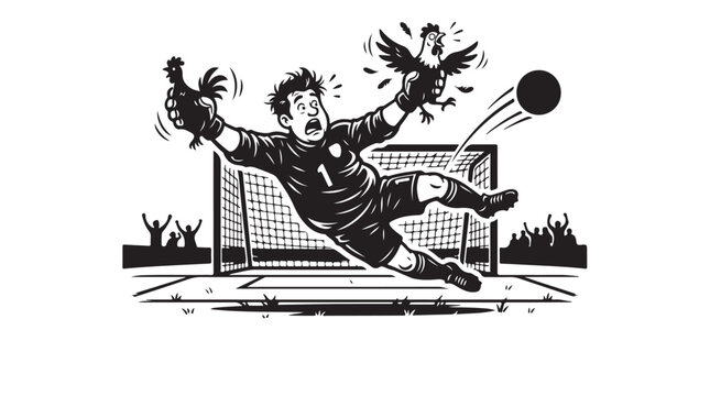 Goalkeeper Holding Chickens While Missing Soccer Ball Funny Sports Vector