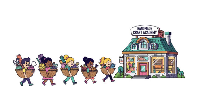 Crafting Adventure: A group of eager children, each carrying a basket filled with art supplies, heads towards a charming craft academy.