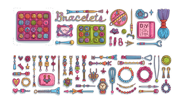 Crafting Charm: A vibrant collection of beads, charms, tools, and finished bracelets for DIY jewelry making, showcasing creativity and artistic expression.