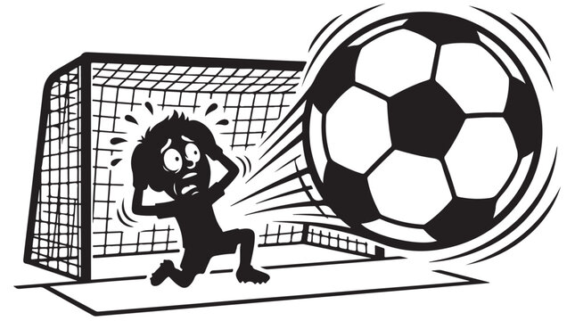 Huge Soccer Ball Scaring Goalkeeper Funny Cartoon Vector Illustration