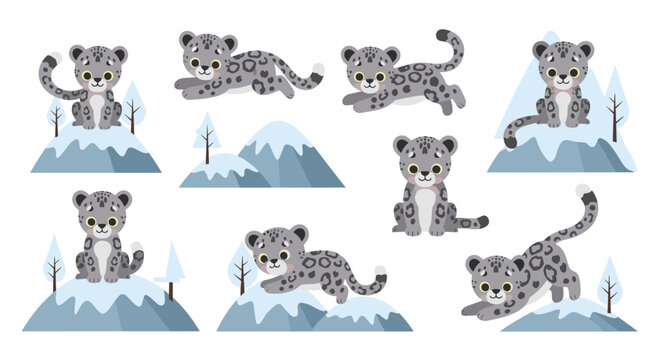 Snow leopard mountain landscape scene.