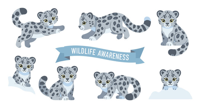 Snow leopard wildlife awareness illustration.
