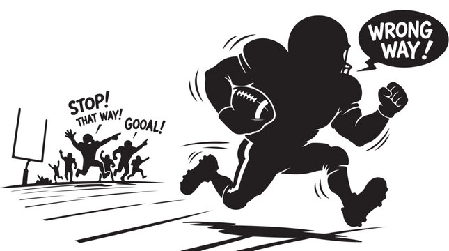 Wrong Direction American Football Runner Funny Cartoon Silhouette