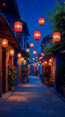 Fototapeta premium Enchanting Traditional Japanese Street Scene at Dusk Featuring Vibrant Glowing Red Lanterns Hanging Over Quiet Cobblestone Alley Under Starry Night Sky