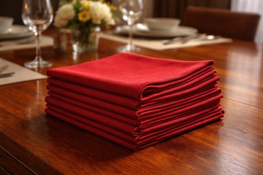 Carefully stacked red napkins on a polished wooden dining table