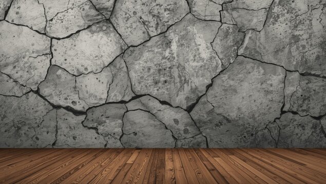 Art outcrop resembling bedrock in cracked grey concrete paired with contrasting wood floor
