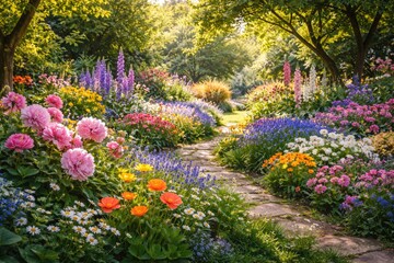 Fototapeta premium Lively spring garden scene with various flowers and rich green leaves