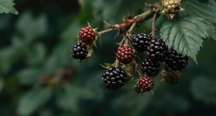 Fototapeta premium Black Satin blackberry plant with ripe dark berries on thorny stems