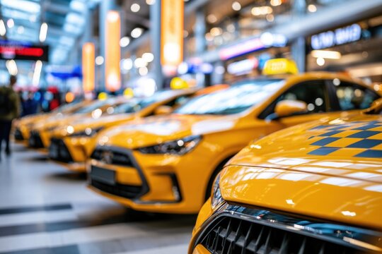 A row of shiny yellow taxis with checkered patterns is parked inside a bright, modern terminal or garage.