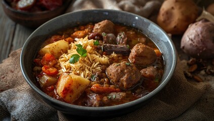 Fototapeta premium Classic home cooked meal showing pilaf lentil soup meatballs potatoes and dried dates