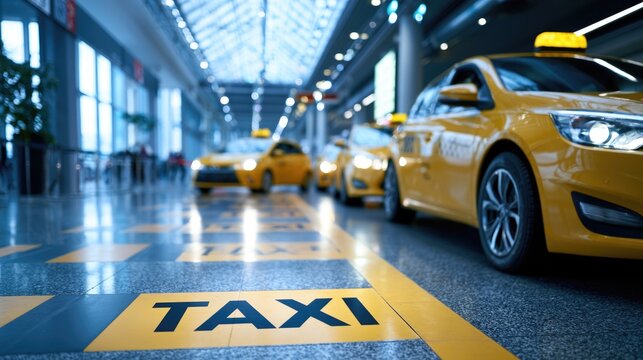 A row of yellow taxis is lined up in a modern indoor taxi stand, ready to serve passengers in a spacious, well-lit terminal.