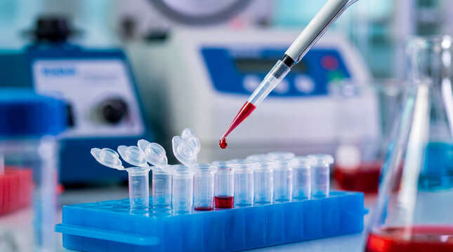 Scientist pipetting drop of red liquid into microcentrifuge tubes for clinical blood testing and medical research in modern laboratory setting with advanced equipment.