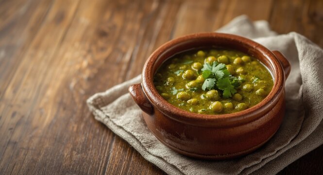 Appetizing green pea curry served in an earthenware bowl with fresh cilantro garnish on a wooden surface copy space