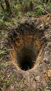 Deep cylindrical pit or well dug into forest floor, revealing complex geological layers of earth and entangled roots within dense woodland environment.