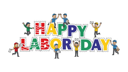 Fototapeta premium Happy Labor Day Celebration: A vibrant illustration depicts the words Happy Labor Day decorated with colorful patterns, surrounded by cheerful cartoon characters in work-themed attire.