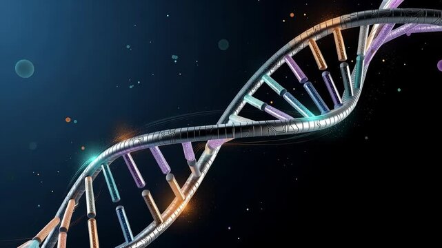 Glowing metallic DNA strand with vibrant particles showcasing futuristic genetic technology and bioengineering
