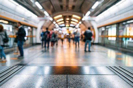 A busy subway station with blurred commuters walking along the platform under bright ceiling lights.