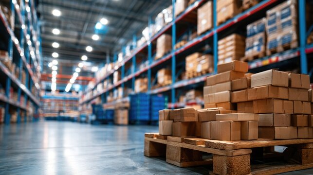 A spacious, well-lit warehouse filled with stacked cardboard boxes on pallets and tall metal shelving units stocked with goods.