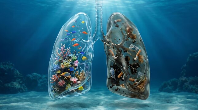 Conceptual representation of human lungs showing the contrast between a healthy marine ecosystem and pollution for World No Tobacco Day.
