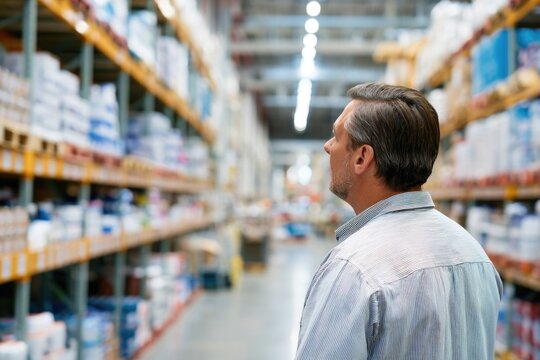 A man inspects products on tall warehouse shelves in a large, organized storage facility.