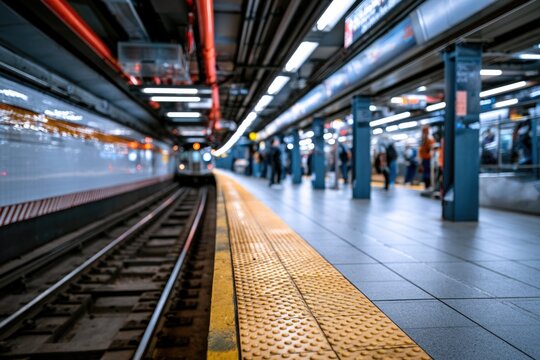 A subway station platform with yellow tactile paving, tracks on the left, and blurred commuters waiting under bright fluorescent lights.