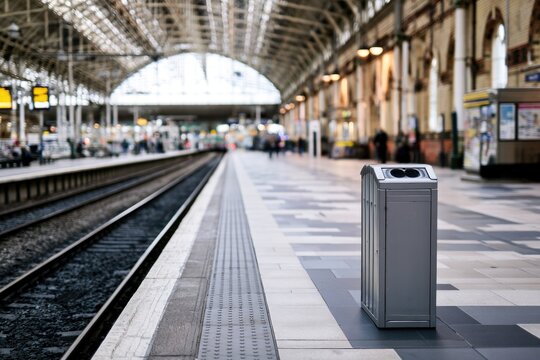 A modern, clean train station platform with a trash bin in focus and blurred passengers in the background under a large arched roof.